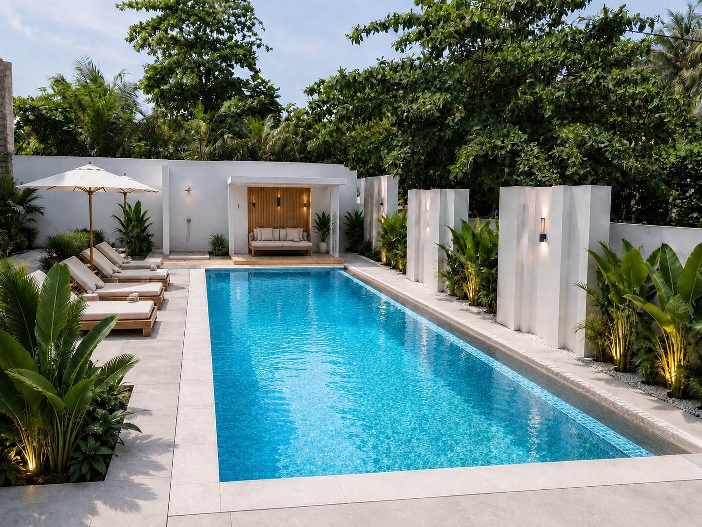 The main pool garden with sun loungers